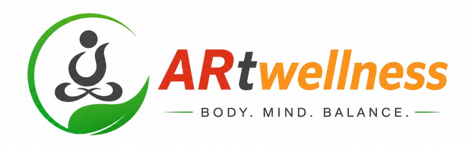 "Modern ARtwellness logo with a yoga meditation icon, green leaf circle, and colorful brand name."